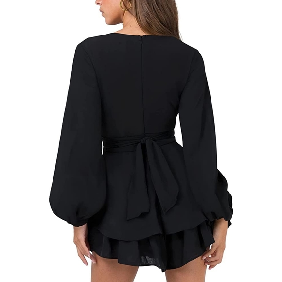 370  New BOUTIQUE Black Tie Waist Ruffle Hem Flowy Romper - Picture 3 of 3